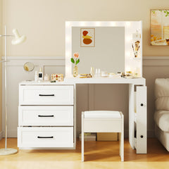HAOYYE 55.2" Vanity Desk with Freely Adjustable Side Cabinet, Makeup Vanity with Hollywood Lights, 5 Storage Drawers & 2-shelves, Modern Dressing Table, White