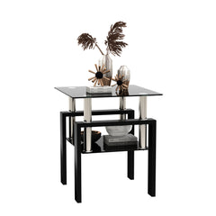 Elegant Black Tempered Glass Table With Metal Legs For Sophisticated Home Decor Featuring A Chic Dual Layer Design With Durable Glass Top And Bottom Offering High Load Capacity And Versatile Use For Living Rooms And Bedrooms With Easy Assembly