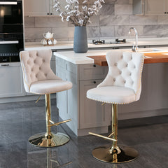 HAOYYE Golden Swivel Velvet Barstools Adjusatble Seat Height from 25-33 Inch,Modern Upholstered Bar Stools with Backs Comfortable Tufted for Home Pub and Kitchen Island,Beige,Set of 2 Sturdy