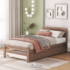 HAOYYE Modern Design Wooden Twin Size Platform Bed Frame with Trundle for Walnut Color Sturdy Space-Saving Heavy Duty Adults Dorm Room Easy Assembly Bedroom Furniture