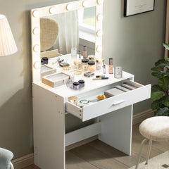 HAOYYE Vanity Desk with Mirror and Lights, Dressing Table with Large Drawer, 1 Level Storage Dresser & 3 Lighting Modes Adjustable Brightness, Suitable for Bedroom(White)