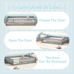 HAOYYE Full Size Bed Floor Bed with Safety Guardrails and Door for , Gray(Old SKU: W158090691) Sturdy Space-Saving Heavy Duty Modern Design Adults Dorm Room Easy Assembly Bedroom Furniture