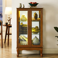 HAOYYE Curio Cabinet with Integrated Lighting and Adjustable Shelves Featuring a Mirrored Back Panel and Tempered Glass Doors in Oak Finish for Displaying Collectibles and Home Decor with Sturdy, Space Saving, Heavy Duty Construction