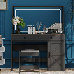 HAOYYE Makeup Vanity Table with LED Light, Large Mirror, Adjustable Brightness, Dressing Table Desk with 3 Drawers, Black Vanity Desk with Stool, Sturdy Space-Saving Design