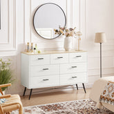 HAOYYE 7-Drawer Dresser for Bedroom with Deep Drawers, Modern White Wood Chest of Drawers, Long Storage Dresser for Closet and Living Room, White & Oak, Sturdy Space-Saving Design, Ideal for Organizing Clothes and Essentials