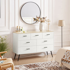 HAOYYE 7-Drawer Dresser for Bedroom with Deep Drawers, Modern White Wood Chest of Drawers, Long Storage Dresser for Closet and Living Room, White & Oak, Sturdy Space-Saving Design, Ideal for Organizing Clothes and Essentials