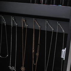 HAOYYE Jewelry Storage Cabinet With Blue LED Light, Upright Jewelry Organizer Cabinet Featuring Full-Length Mirror, Multiple Compartments For Necklaces, Rings, Earrings, Bracelets, Durable Black Finish For Home Use