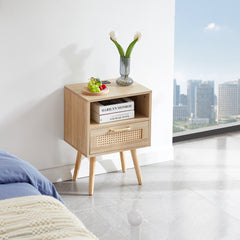 HAOYYE Rattan End Table with Power Outlet & USB Ports, Modern Nightstand with Drawer and Solid Wood Legs, Natural, Sturdy Space-Saving Design, Heavy Duty Construction, Stylish and Durable Home Furniture for Living Room or Bedroom