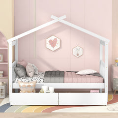 HAOYYE Twin Size Wooden House Bed Frame With Drawers, White, Space-Saving Heavy Duty Modern Design For Adults And Dorm Rooms, Easy Assembly Bedroom Furniture