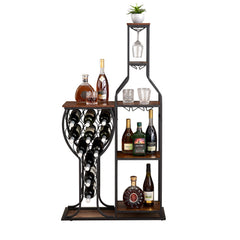 HAOYYE 11 Bottle Wine Bakers Rack, 5 Tier Freestanding Wine Rack with Hanging Wine Glass Holder and Storage Shelves, Wine Storage Home Bar for Liquor and Wine Storagefor Kitchen, Dining Room Sturdy