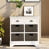 HAOYYE Rustic Storage Cabinet with Two Drawers and Four Classic Rattan Baskets for Dining Room or Living Room, White, Sturdy Space-Saving Design, Heavy Duty Construction, Easy Assembly, Durable and Stylish Home Furniture