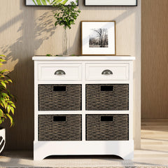 HAOYYE Rustic Storage Cabinet with Two Drawers and Four Classic Rattan Baskets for Dining Room or Living Room, White, Sturdy Space-Saving Design, Heavy Duty Construction, Easy Assembly, Durable and Stylish Home Furniture