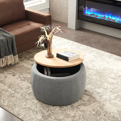 HAOYYE Round Storage Ottoman with 2-in-1 Function, Versatile End Table and Ottoman, Durable Dark Grey Upholstered Ottoman, Sturdy Space-Saving Modern Design, Easy Assembly, Stylish and Functional Home Furniture