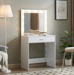 HAOYYE Vanity Desk with Mirror and Lights, Dressing Table with Large Drawer, 1 Level Storage Dresser & 3 Lighting Modes Adjustable Brightness, Suitable for Bedroom(White)