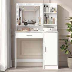 HAOYYE Vanity Desk with Mirror and Light, Three-Level Storage Dresser, Large Drawer, Adjustable Brightness with Three Lighting Modes, White, Sturdy Space-Saving Design, Heavy Duty Construction, Modern and Stylish Home Furniture