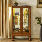 HAOYYE Curio Cabinet with Integrated Lighting and Adjustable Shelves Featuring a Mirrored Back Panel and Tempered Glass Doors in Oak Finish for Displaying Collectibles and Home Decor with Sturdy, Space Saving, Heavy Duty Construction