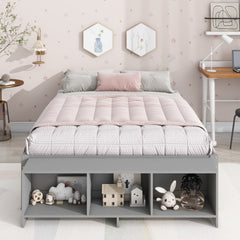 HAOYYE Full Size Bed with Storage Case, 2 Storage Drawers, Lengthwise Support Slat, Grey Heavy Duty Sturdy Bed Frame, Space-Saving Modern Design, Easy Assembly, Durable Stylish Home Furniture, Versatile Bedroom Storage Solution.