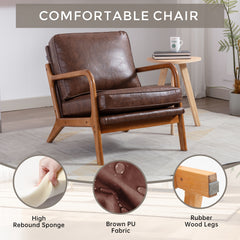 HAOYYE Mid Century Modern Accent Chair, Comfy Fabric Living Room Chairs with Solid Wood Frame, Lounge Reading Armchair, Easy Assembly (Brown PU) Sturdy Space-Saving Heavy Duty Modern Design