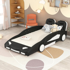 HAOYYE Twin Size Race Car-Shaped Platform Bed with Wheels, Black Sturdy Space-Saving Heavy Duty Modern Design Adults Dorm Room Easy Assembly Bedroom Furniture