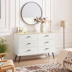 HAOYYE Modern 6-Drawer Dresser for Bedroom, Sturdy White & Oak Wood Chest of Drawers, Deep Storage for Living Room and Closet, Space-Saving Design