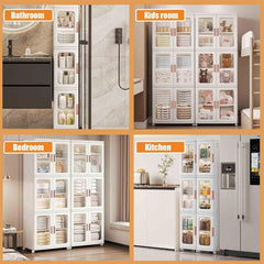 HAOYYE Tall Bathroom Storage Cabinet with Doors and Wheels Narrow Movable Freestanding Organizer with Adjustable Shelves Foldable Stackable Plastic Cabinet for Bathroom Living Room and Small Spaces