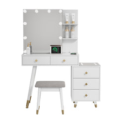 HAOYYE Vanity Table with LED Three-Tone Mirror, 5 Drawers, 2-Layer Shelf, Mirror Cabinet, Pitted Particle Board with Triamine Coating, Solid Wood Legs with Copper Sheath, Makeup Table for Bedroom, Dressing Room, or Bathroom