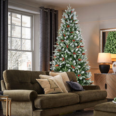 HAOYYE Artificial Green Christmas Tree with Mixed PE and PVC Branch Tips, Red Fruit and Pine Cone Decorations, Hinged Foldable Base, Fireproof PVC Material, Easy Assembly and Storage, Sturdy Hardware Pole for Indoor Holiday Decor