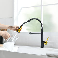 HAOYYE Commercial Black and Nickel Gold Kitchen Faucet with Pull Out Sprayer, Single Handle Single Lever Kitchen Sink Faucet Sturdy Space-Saving Heavy Duty Modern Design Adults Dorm Room Easy Assembly