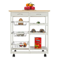 HAOYYE Moveable Kitchen Island Cart with Two Drawers, Three Metal Baskets, and Two Wine Racks, Sturdy Durable Rolling Storage Cart with White Pine Frame, Easy Assembly, Space-Saving, Ideal for Home Kitchens or Dining Rooms
