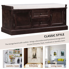HAOYYE Storage Bench with 2 Drawers and Cabinets, Shoe Bench with Removable Cushion for Living Room, Entryway, Sturdy Space-Saving Heavy Duty Construction, Espresso Finish, Modern Design for Adults and Dorm Rooms