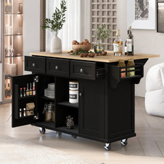 HAOYYE Kitchen Cart with Rubberwood Drop-Leaf Countertop, Internal Storage Racks, 5-Wheel Kitchen Island with Storage Cabinet and 3 Drawers, Black, Sturdy Space-Saving Design, Durable and Stylish Home Furniture