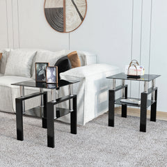 HAOYYE Set of 2 Modern Tempered Glass Coffee Tables, Square End Tables with Sturdy Black Frame, Stylish and Durable for Living Room, Space-Saving Design, Easy Assembly, Heavy Duty Modern Home Furniture
