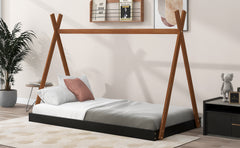 HAOYYE Twin Size Tent Floor Bed with Triangle Structure, Black+Brown Sturdy Space-Saving Heavy Duty Modern Design Easy Assembly Durable Stylish Home Furniture Versatile