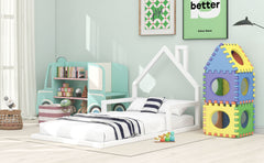 HAOYYE Twin Size Wood Floor Bed with House-shaped Headboard, White Sturdy Space-Saving Heavy Duty Modern Design Adults Dorm Room Easy Assembly Bedroom Furniture