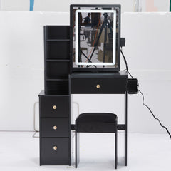 HAOYYE Small Size Left Bedside Cabinet Vanity Table + Cushioned Stool, 2 AC+2 USB Power Station, Hair dryer bracket, Extra Large Touch Control Sliding LED Mirror, Tri-color Switching, EPA,GCC,UL Certificate