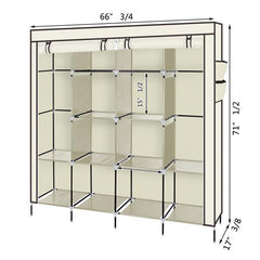HAOYYE Portable Clothes Closet Wardrobe with 12 Shelves and 4 Side Pockets, Beige Non-Woven Fabric Storage Organizer for Small Rooms and Walk-In Closets