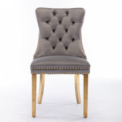 HAOYYE High-end Tufted Solid Wood Contemporary Velvet Upholstered Dining Chair with Golden Stainless Steel Plating Legs,Nailhead Trim,Set of 2,Gray and Gold, SW1601GY Sturdy Durable