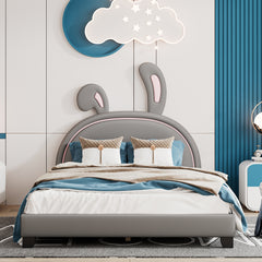 HAOYYE Full Size Upholstered Leather Platform Bed with Rabbit Ornament, Gray Sturdy Space-Saving Heavy Duty Modern Design Adults Dorm Room Easy Assembly Bedroom Furniture