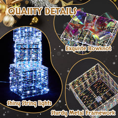 HAOYYE Iridescent Lighted Gift Boxes Set of 3, Pre-lit Nestable Christmas Present Ornaments with 140 Warm White LED Lights, Weather-Resistant Stakes for Outdoor Indoor Holiday Yard Patio Décor