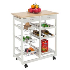HAOYYE Moveable Kitchen Island Cart with Two Drawers, Three Metal Baskets, and Two Wine Racks, Sturdy Durable Rolling Storage Cart with White Pine Frame, Easy Assembly, Space-Saving, Ideal for Home Kitchens or Dining Rooms