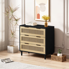HAOYYE 3-Drawer Rattan Storage Cabinet for Bedroom, Living Room, Dining Room, Hallways, Black, Sturdy Space-Saving Heavy Duty Modern Design, Easy Assembly, Durable, Stylish Home Furniture