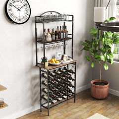 HAOYYE Industrial Wine Rack Bar Table, 3-Tier Liquor Bottle and Glass Holder with Storage Shelves, Metal and Wood Wine Organizer for Home Kitchen, Dining Room, and Living Room Sturdy Space-Saving Heavy Duty