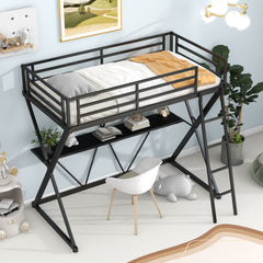HAOYYE Twin Size Loft Bed with Desk, Ladder and Full-Length Guardrails, X-Shaped Frame, Black(Old SKU: MF297073AAB) Sturdy Space-Saving Heavy Duty Modern Design Adults Dorm Room Easy Assembly