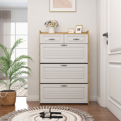 HAOYYE White and Oak Shoe Cabinet with 3 Doors and 2 Drawers, Large Storage Space, Sturdy Space-Saving Design, Heavy Duty Construction, Easy Assembly, Durable and Stylish Home Furniture