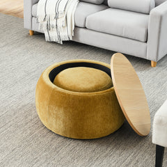 HAOYYE Round Storage Ottoman, 2-in-1 Functional Design as End Table and Ottoman, Includes Small Seat, Dark Yellow, Modern Space-Saving Accent Furniture for Living Room, Bedroom, or Office, Sturdy and Heavy-Duty, Easy Assembly