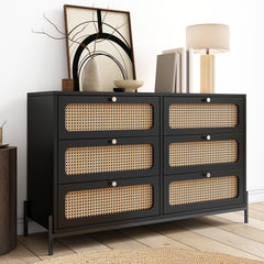 HAOYYE Modern Rattan Wood 6-Drawer Dresser, Storage Cabinet With Cannage Design, Versatile Sideboard For Bedroom, Living Room, Entryway, Or Hallway, Black, Sturdy Space-Saving Heavy Duty Design