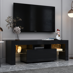 HAOYYE Black TV Stand with LED RGB Lights,Flat Screen TV Cabinet, Gaming Consoles - in Lounge Room, Living Room and Bedroom(Black) Sturdy Space-Saving Heavy Duty Modern Design Easy Assembly Durable Stylish
