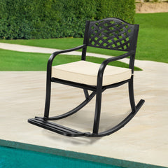 HAOYYE Metal Rocking Chair with Removable Cushion and Footrest, Weatherproof Outdoor Patio Rocker with Hole Backrest, Durable Cast Iron Construction for Garden, Porch, Yard Relaxation and Comfort