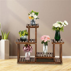 HAOYYE 4-Story 7-Seat Indoor and Outdoor Multi-Function Carbonized Wood Plant Stand, Luxurious Design, Premium Quality, Decorative and Comfortable, Stylish Home Decor with Unique Soft Cozy Flannel Fleece Touch, Perfect for Showcasing Plants in Any Setting
