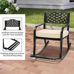 HAOYYE Metal Rocking Chair with Removable Cushion and Footrest, Weatherproof Outdoor Patio Rocker with Hole Backrest, Durable Cast Iron Construction for Garden, Porch, Yard Relaxation and Comfort